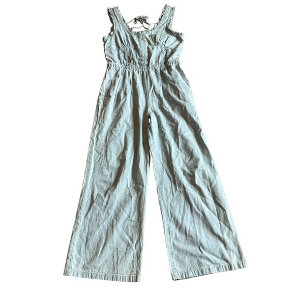 We The Free Lucille Chambray Light Denim Jumpsuit Ruffle Back Tie Size Small - Picture 2 of 13